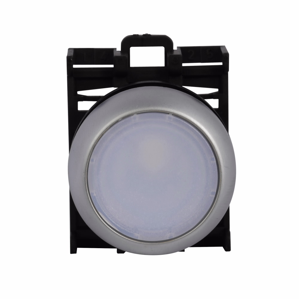 Product image for Cutler-Hammer M22-DL-W M22 modular pushbutton, 22.5 mm, Flush, Momentary, Illuminated, Bezel: Silver, Button: White, IP67, IP69K, NEMA 4x, 13, 5,000,000 Million mechanical operations