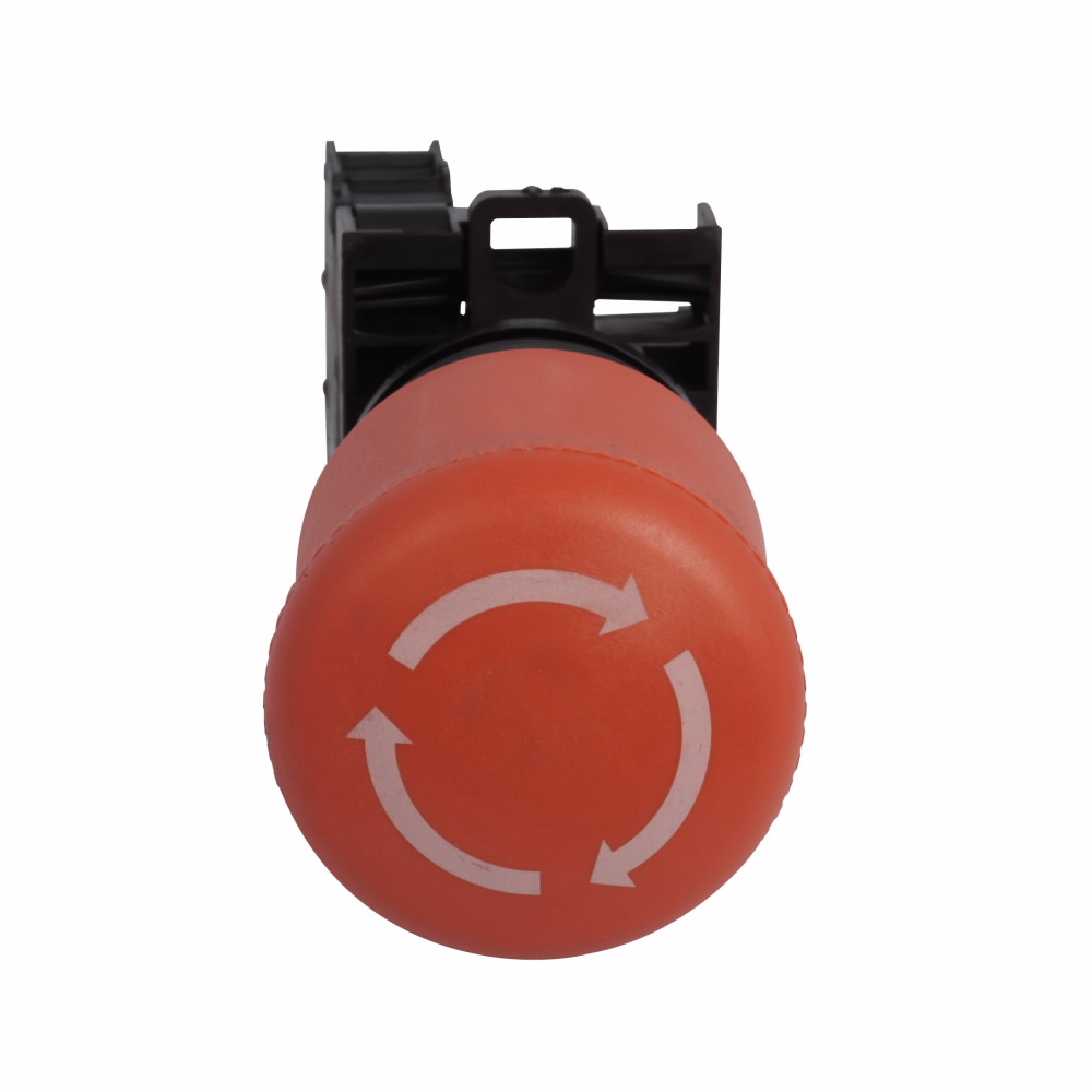 Product image for Cutler-Hammer M22-PVT-K01 M22 Twist-To-Release Emergency Stop, Complete Device, Knob, Maintained, Non-illuminated, Bezel: Silver, Button: Red, 1NC, IP67, IP69K, NEMA 4X, 13, 22.5 mm