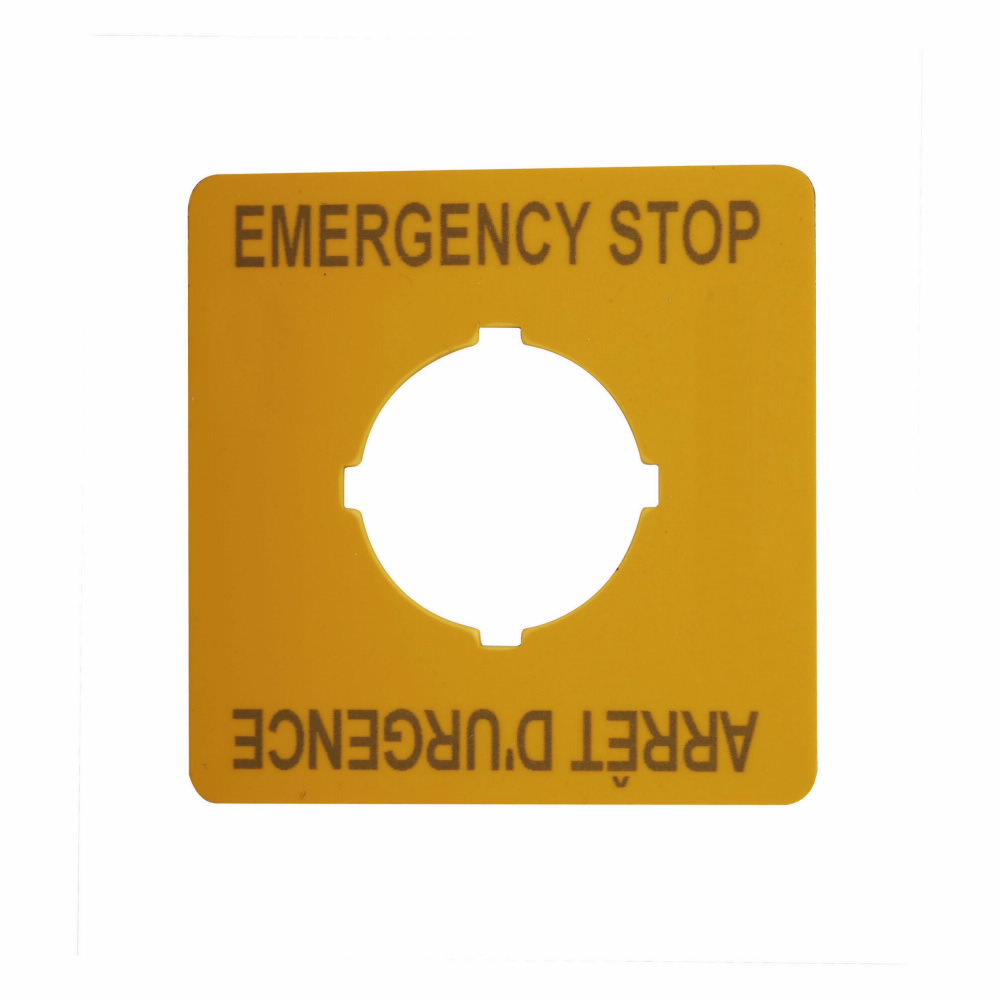 Product image for Cutler-Hammer M22-XYK5 M22 pushbutton legend plate, M22 Modular Pushbutton Legend Plate, Complete, 22.5 mm, Inscription: EMERGENCY-STOP (top and bottom)/ GB99, IP66, NEMA 4X, 13