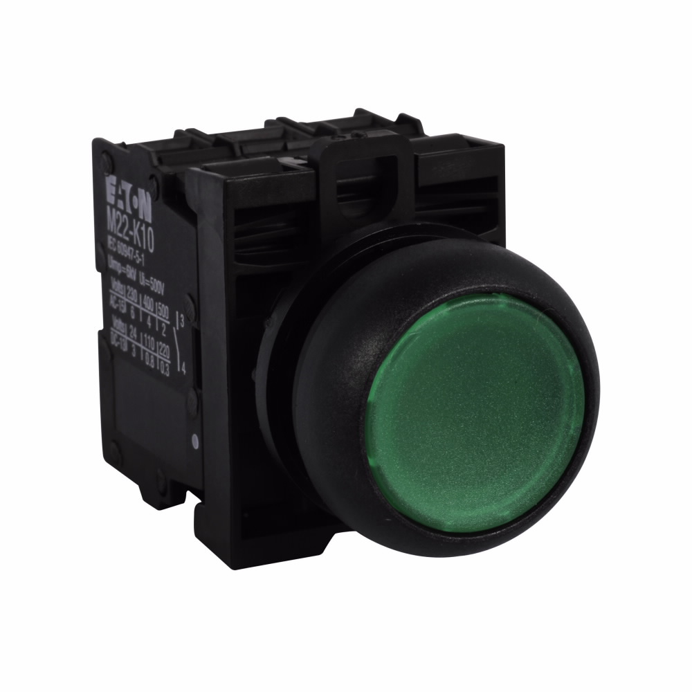 Product image for Cutler-Hammer M22S-DL-G-K11-230G M22 modular pushbutton, Complete Device, 22.5 mm, Flush, Momentary, Illuminated, Bezel: Black, Button: Green, 1NO-1NC, IP67, IP69K, NEMA 4X, 13, 85-264V