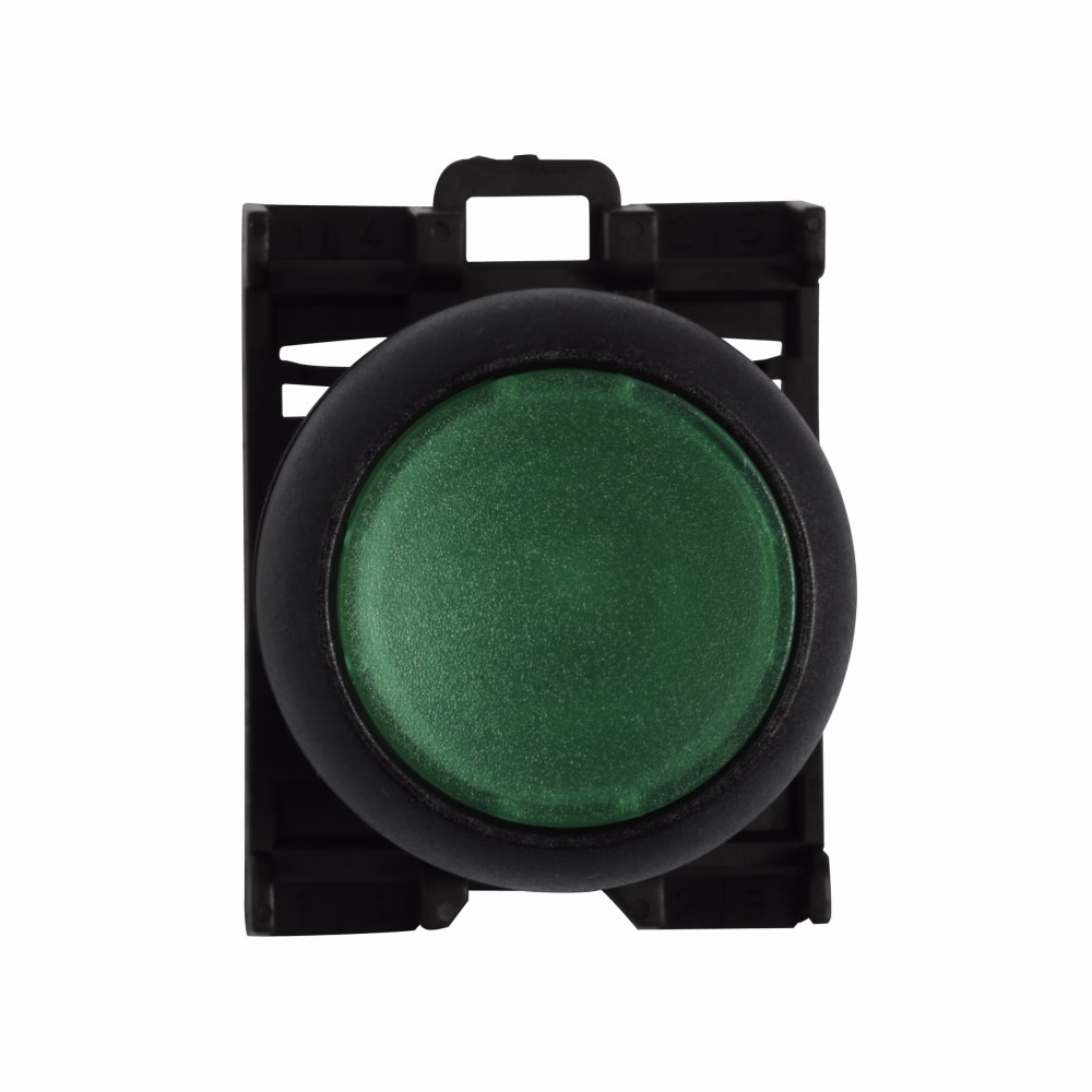 Product image for Cutler-Hammer M22S-DL-G M22 modular pushbutton, 22.5 mm, Flush, Momentary, Illuminated, Bezel: Black, Button: Green, IP67, IP69K, NEMA 4x, 13, 5,000,000 Million mechanical operations