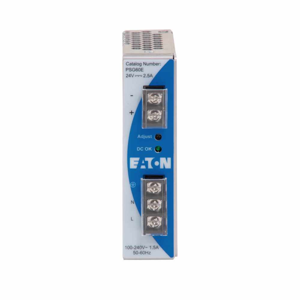 Product image for Cutler-Hammer PSG960F24RM General Purpose Power Supply, 400-500 Vac, 47-63 Hz, Three-Phase, DIN rail mount, -20C-75C operating temp, Aluminum, 960W, 24 Vdc (?4.8 Vdc), 24 VDC/2.5A, IP20.