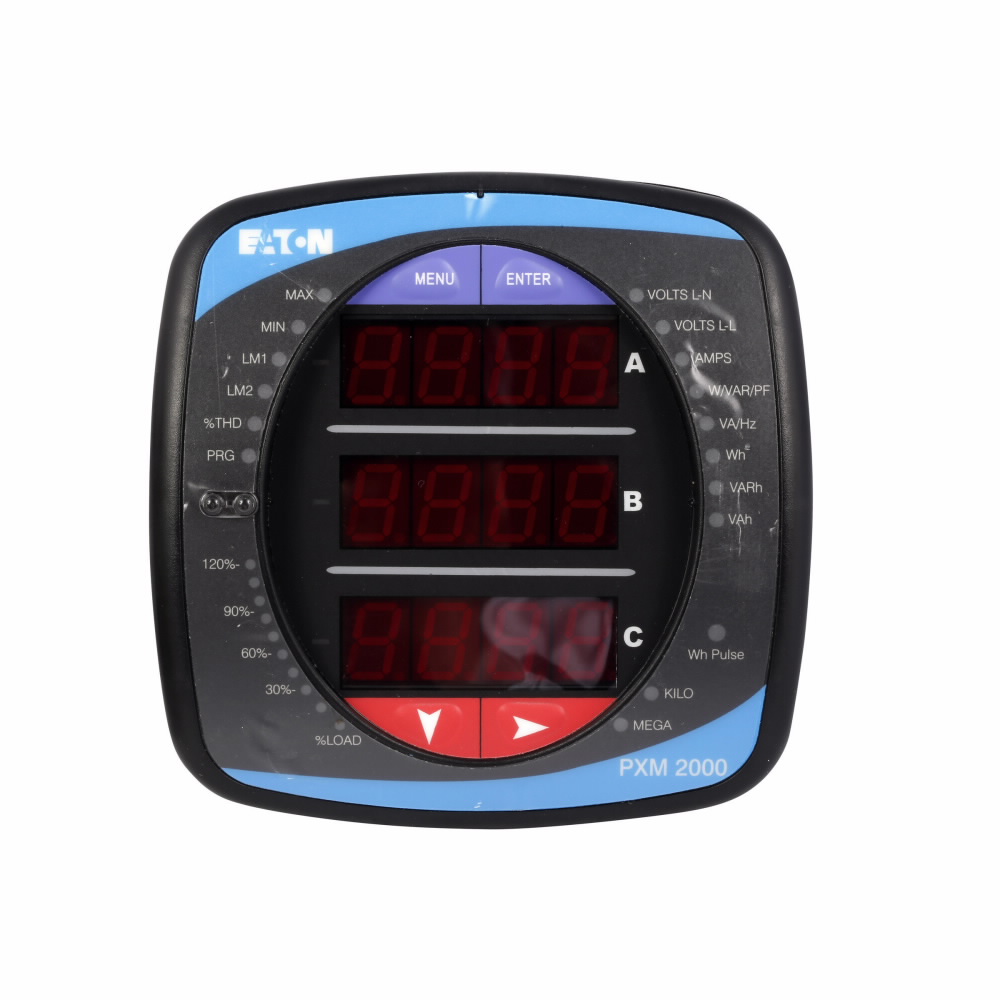 Product image for Cutler-Hammer PXM2270MA65105-2B Power quality plus meter, 768 MB, Integral display, 60 Hz , 5A secondary, 90-265 Vac/dc, 4 KYZ pulses/4 status inputs, Gateway card