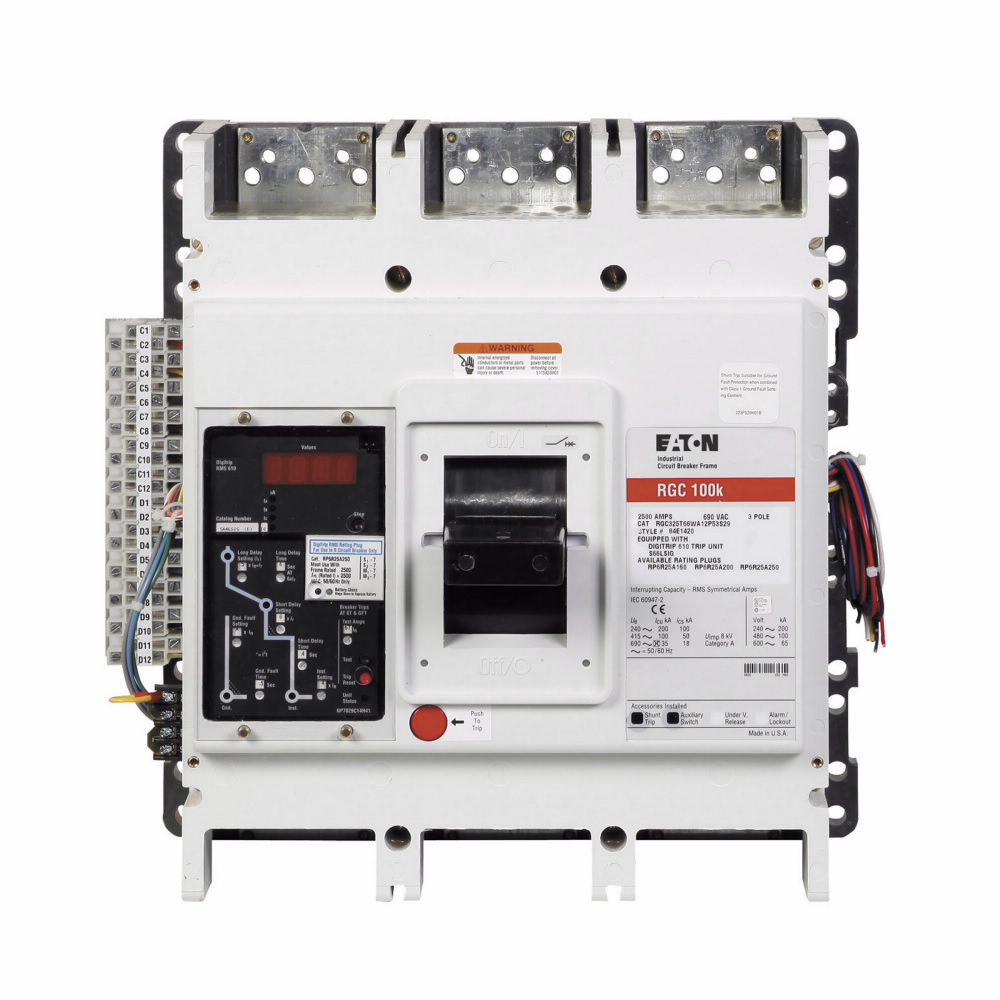 Product image for Cutler-Hammer RGC325036E Series G electronic molded case circuit breaker, RG-frame, RG, Digitrip 310 RMS, Electronic LSIG trip, Three-pole, 2500A, 600 Vac, 200 kAIC at 240 Vac, 100 kAIC at 480 Vac, Line