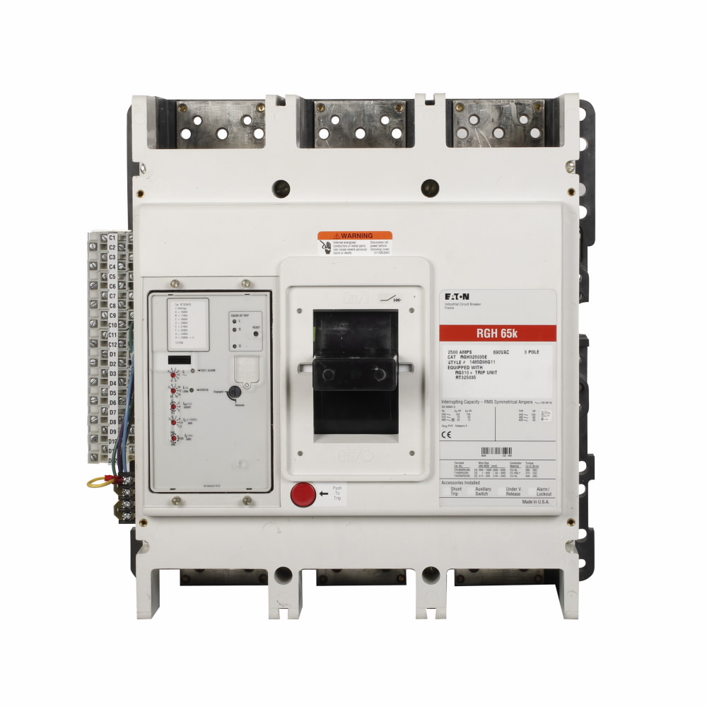 Product image for Cutler-Hammer RGH316036E Series G electronic molded case circuit breaker, RG-frame, RG, Digitrip 310 RMS, Electronic LSIG trip, Three-pole, 1600A, 125 kAIC at 240 Vac, 65 kAIC at 480 Vac, Line and load,