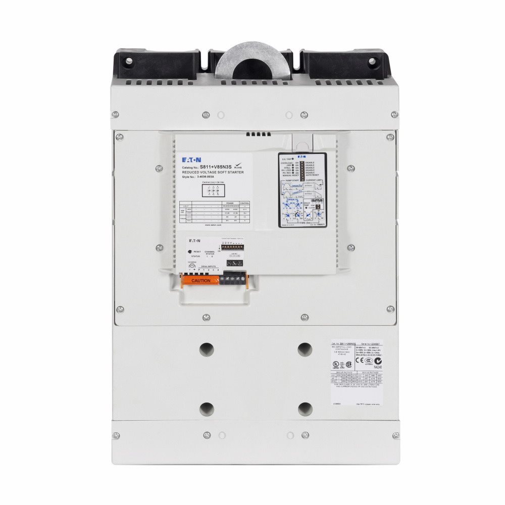 Product image for Cutler-Hammer S801+V50N3S S801+ soft starter, 500 A, V-frame, Three-pole, 200-600 V operating voltage, 47-63 Hz, 1-2 conductors, #5 AWG to 500 kcmil wire, 120 Vdc, 240 Vac, CIM, Used with: Three-phase m