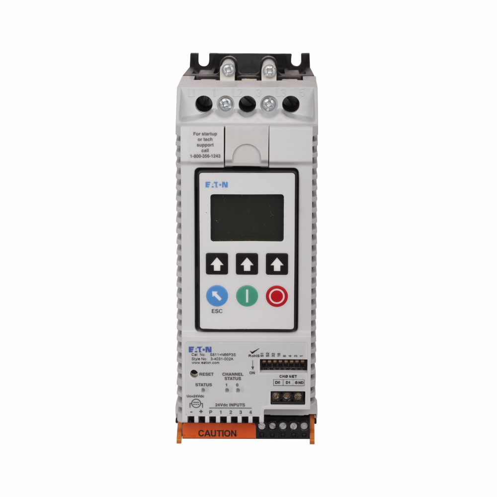 Product image for Cutler-Hammer S811+N66P3S S811+ soft starter, with Digital Interface Module, 66 A, N-frame, Premium, 600 V rated, Level/Edge Sense, Three-pole, 24 V power, 200-600 V operating voltage, 47-63 Hz, 1-2 con