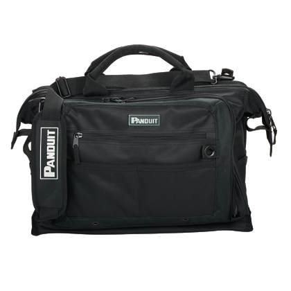 Product image for Panduit PTB-GP Heavy-duty bag for crimping tools and accessories. Includes 58 pockets and a shoulder strap for added convenience. 18"L x 7"W x 14"H.