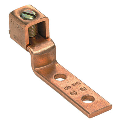 Product image for Panduit CO400-38HK-3Y Copper Mechanical Lug, 2 Hole, 1 Barrel, Offset Floating Tongue, 1/0 - 500 kcmil, 3/8" (9.5mm) Stud