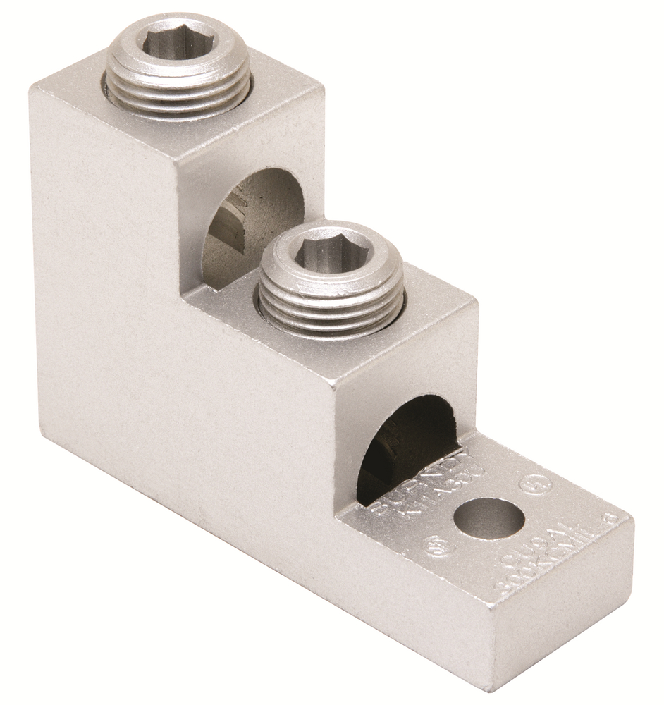 Product image for Burndy K11A30U Aluminum Universal Terminal, 1 Hole, Two: 6 AWG (Str)-300 kcmil, 5/16" Stud, 2 Screws, Al/Cu Rated, Tin Plated