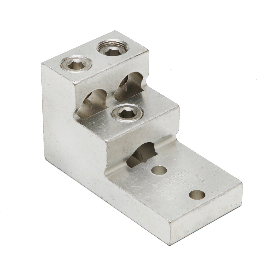 Product image for Burndy K21A36U2 Aluminum Universal Terminal, 2 Hole, Three: 2 AWG (Str)-600 kcmil, 3/8" Stud, 138" Stud Hole Spacing, 3 Screws, Al/Cu Rated, Tin Plated