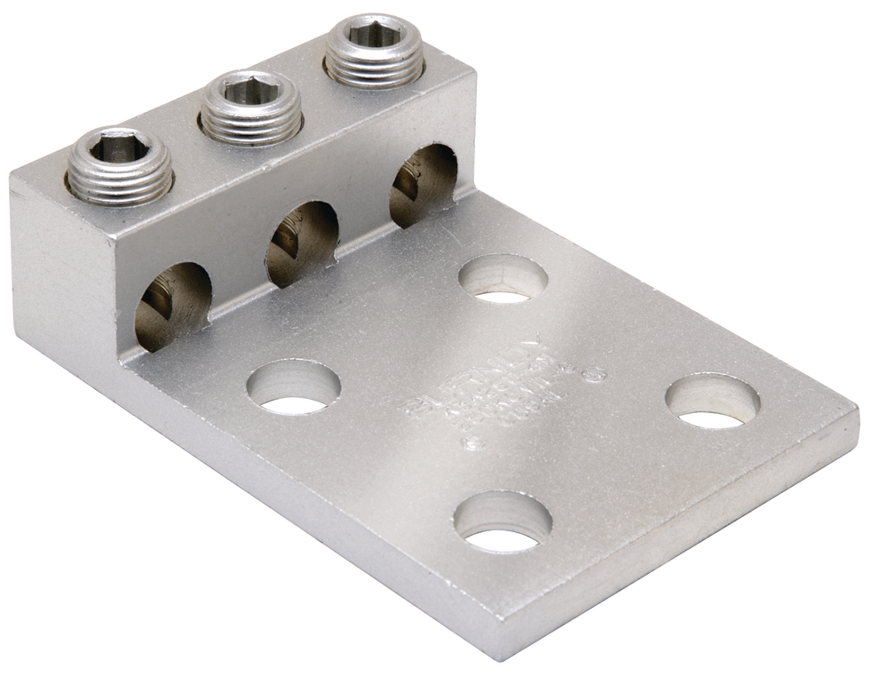 Product image for Burndy K3A36U4N Aluminum Universal Terminal, 3 Conductor, 4 Hole, 2 AWG (Str)-600 kcmil, 1/2" Stud, 175" Stud Hole Spacing, 3 Screws, Al/Cu Rated, Tin Plated