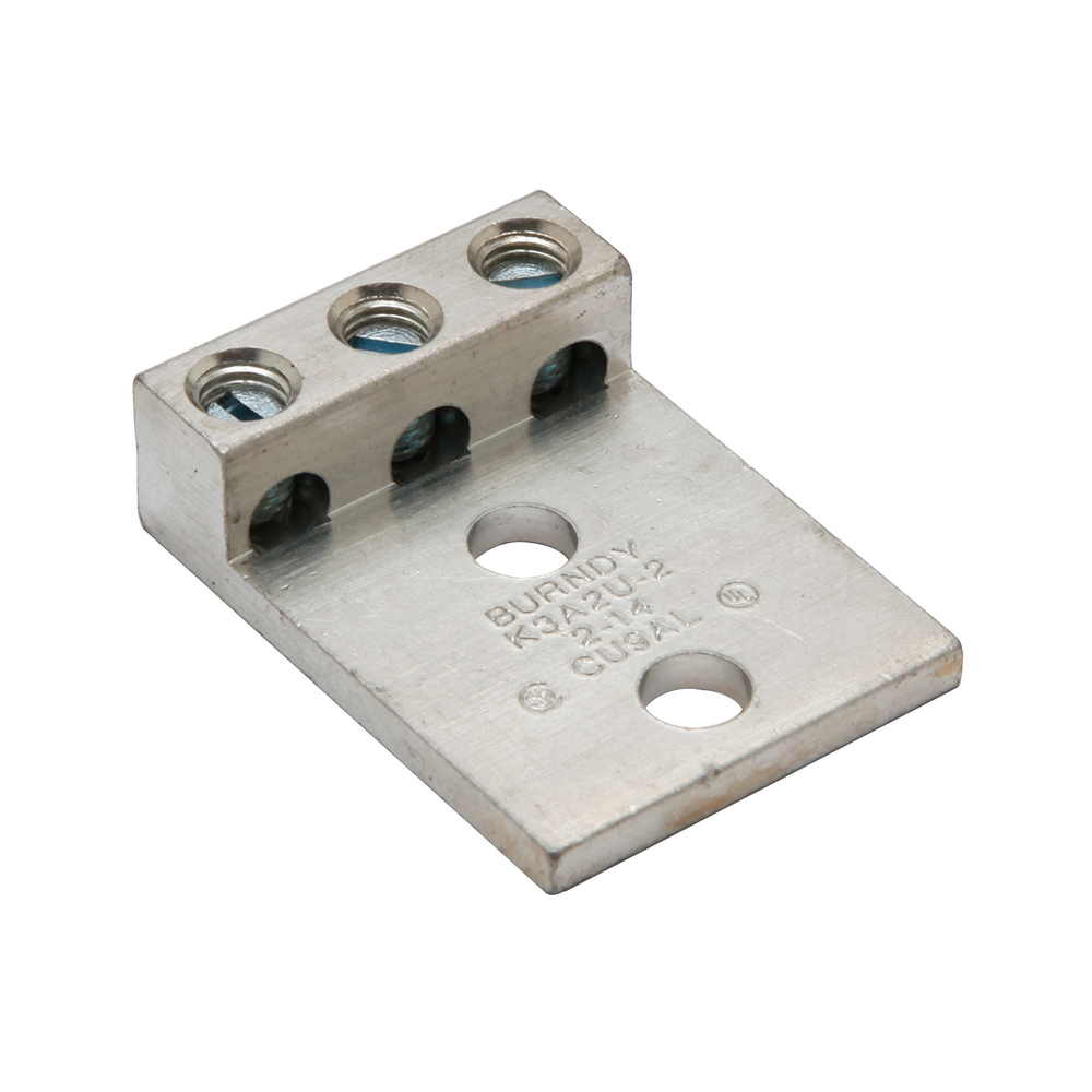 Product image for Burndy K3A2U2 Aluminum Universal Terminal, 3 Conductor, 2 Hole, 14-2 AWG (Str), 5/16" Stud, 88" Stud Hole Spacing, 3 Screws, Al/Cu Rated, Tin Plated