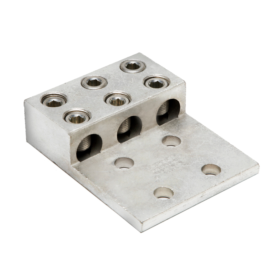 Product image for Burndy KK3A36U4N Aluminum Universal Terminal, 3 Conductor, 4 Hole, 2 AWG (Str)-600 kcmil, 1/2" Stud, 175" Stud Hole Spacing, 6 Screws, Al/Cu Rated, Tin Plated