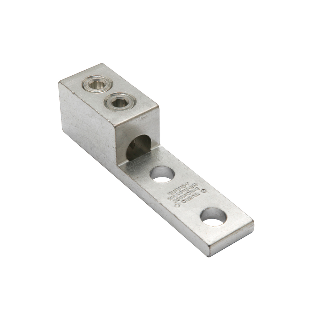 Product image for Burndy KKA31U2N Aluminum Universal Terminal, 2 Hole, 6 AWG (Str)-350 kcmil, 1/2" Stud, 175" Stud Hole Spacing, 2 Screws, Al/Cu Rated, Tin Plated