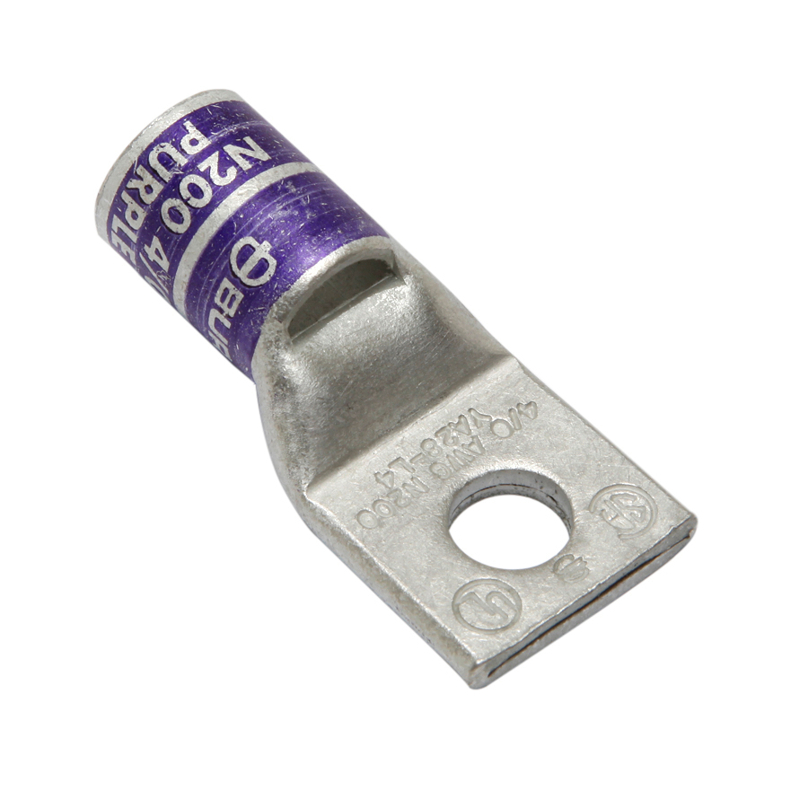 Product image for Burndy YA28L3 4/0 AWG CU, One Hole, 5/16 Stud Size, Standard Barrel, Inspection Window, Internal Chamfer, Tin Plated, UL/CSA 90. Up to 35kV, PURPLE Color Code, 15 Die Index