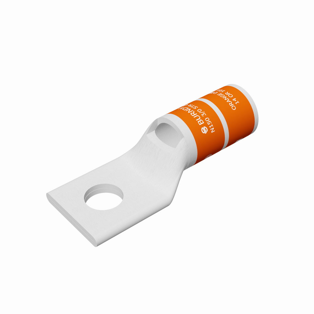 Product image for Burndy YA27L3 3/0 AWG CU, One Hole, 5/16 Stud Size, Standard Barrel, Inspection Window, Internal Chamfer, Tin Plated, UL/CSA 90. Up to 35kV, ORANGE Color Code, 14 Die Index