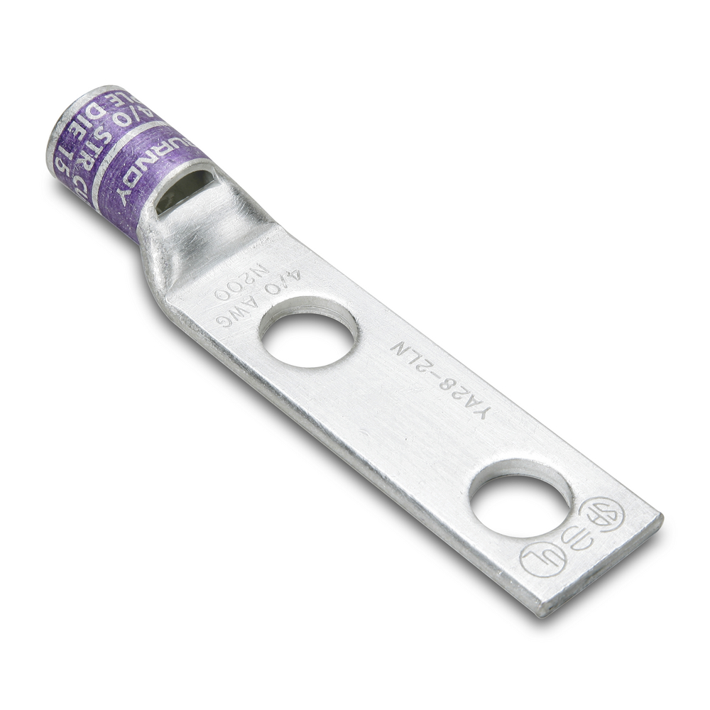 Product image for Burndy YA342LN 500 kcmil CU, Two Hole, 1/2 Stud Size, 1-3/4 Hole Spacing, Standard Barrel, Inspection Window, Internal Chamfer, Tin Plated, UL/CSA, 90.C, Up to 35kV, Brown Color Code, 20 or 299 Die Index