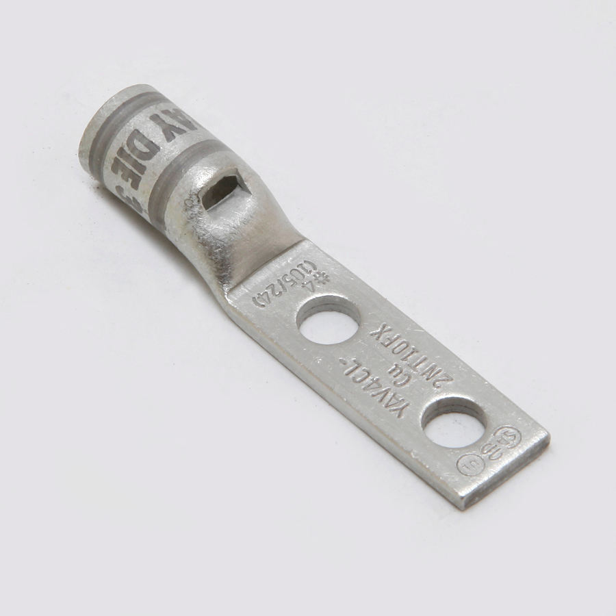 Product image for Burndy YAV25L2NT14FX HYLUG™ Copper Compression Terminal; Narrow Tongue; 2-Hole with Inspection Window; Standard Barrel; Accommodates: 1/0 AWG 275/24; Stud: 1/4"