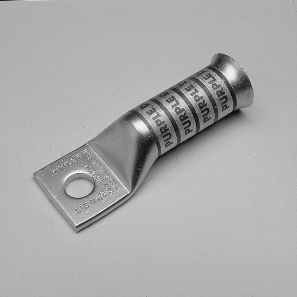 Product image for Burndy YAV28TC12FXB 4/0 Flex G,H,I,K,M,DLO, 4/0 AWG CU, One Hole, 1/2 Stud Size, Long Barrel, Bell End, Tin Plated, UL/CSA, 90.C, Up to 35kV, Purple Color Code, 15 Die Index