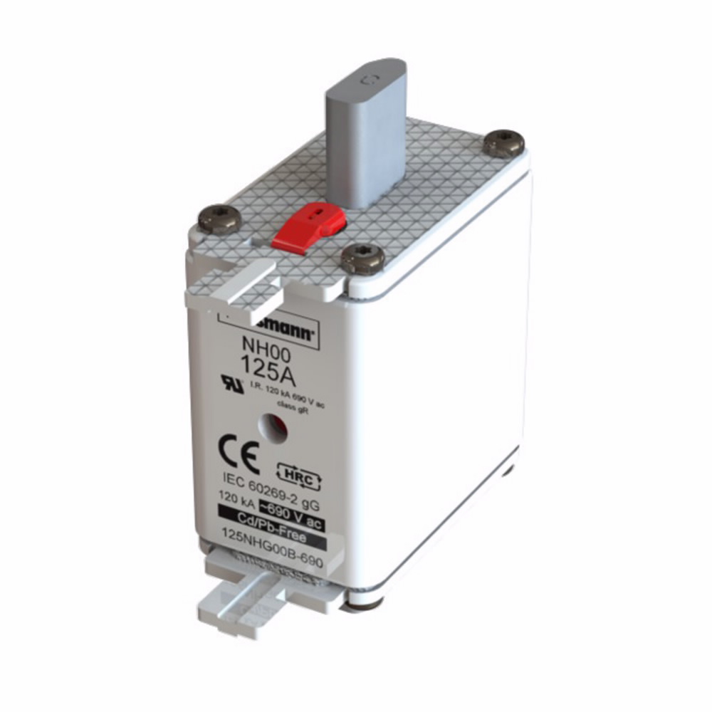 Eaton Bussmann series low voltage NH Fuse, Live gripping lug, 690V, 125A, 120 kAIC, Combination fuse status indicator, Blade end connection, Class C gL/gG, Square-body with knife blade contact, Silver plated copper contact plate