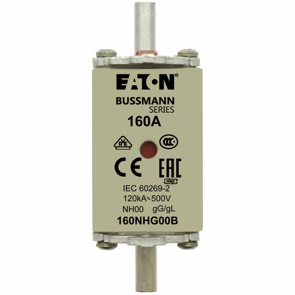Eaton Bussmann series low voltage NH Fuse, Live gripping lug, 500V, 160A, 120 kAIC, Combination fuse status indicator, Blade end connection, Class C gL/gG, Square-body with knife blade contact, Metal plated copper contact plate