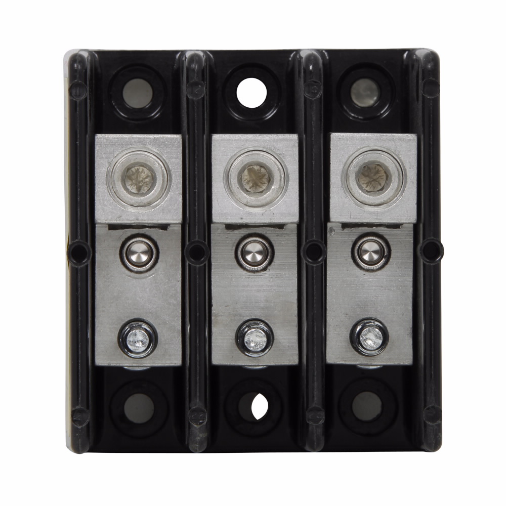 Eaton Bussmann series power terminal block, 600 Vac, 600 Vdc, 175A, Power terminal block, Three-pole, 1/4 In-20 TPI X 3/4 In Stud (Load), SCCR: 200 kA, Black, Molded Thermoplastic Base, Tin-plated aluminum connector