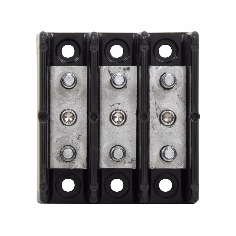 Eaton Bussmann series power terminal block, 600 Vac, 600 Vdc, 150A, Power terminal block, Three-pole, 1/4 In-20 TPI X 3/4 In Stud (Line/Load), SCCR: 10 kA, Black, Molded Thermoplastic Base, Tin-plated aluminum connector