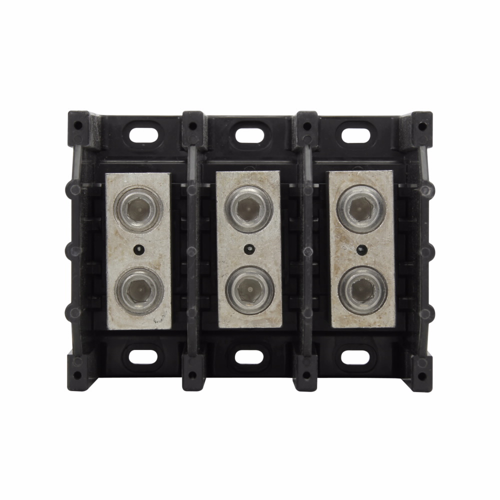 Eaton Bussmann series power splicer block, 600 Vac, 600 Vdc, 310A, Power splicer block, Three-pole, Splicer, SCCR: 10 kA, Black, Molded Thermoplastic Base, Tin-plated aluminum connector