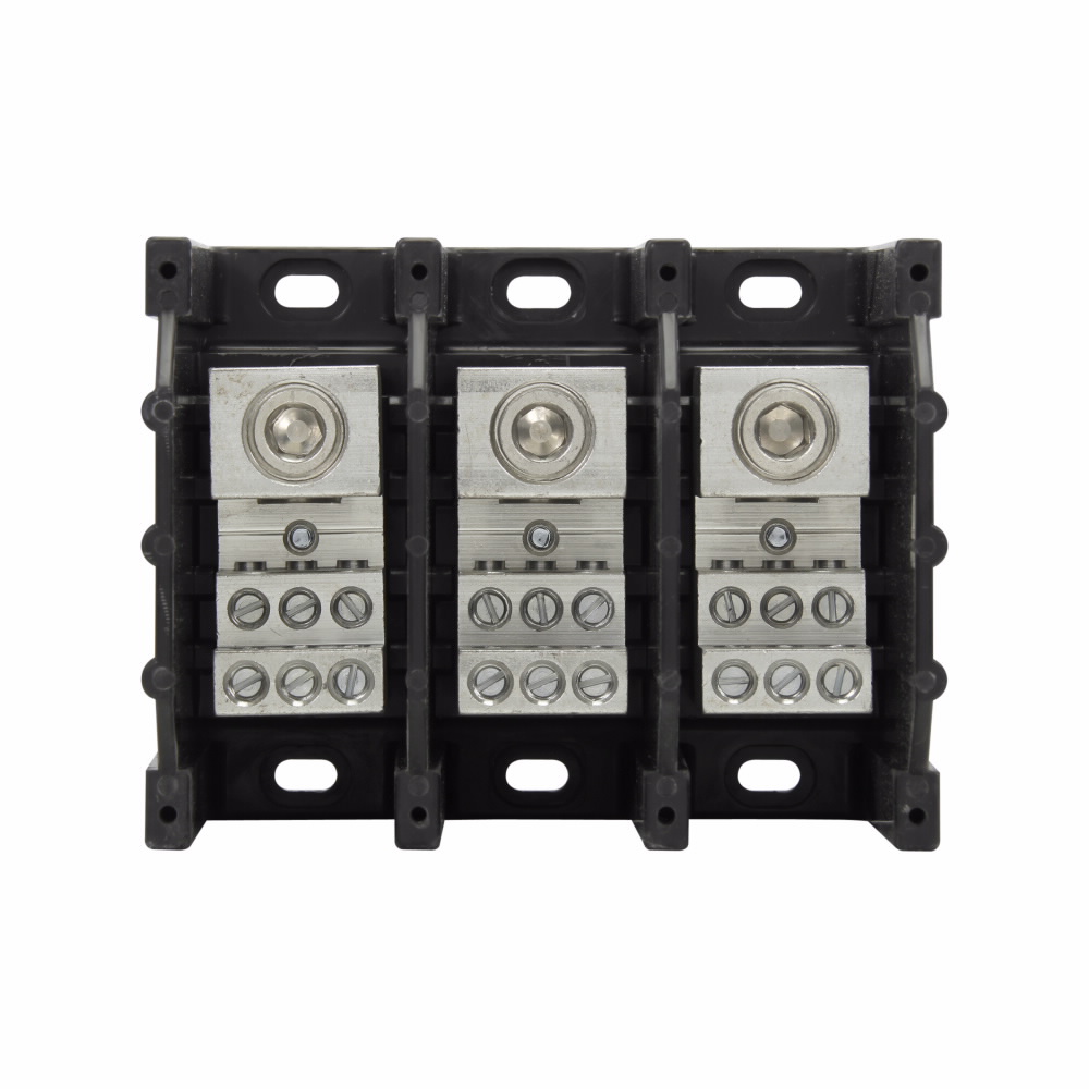 Eaton Bussmann series power distribution block, 600 Vac, 600 Vdc, 310A, Power distribution block, Three-pole, SCCR: 100 kA, Black, Molded Thermoplastic Base, Tin-plated aluminum connector - 16323-3