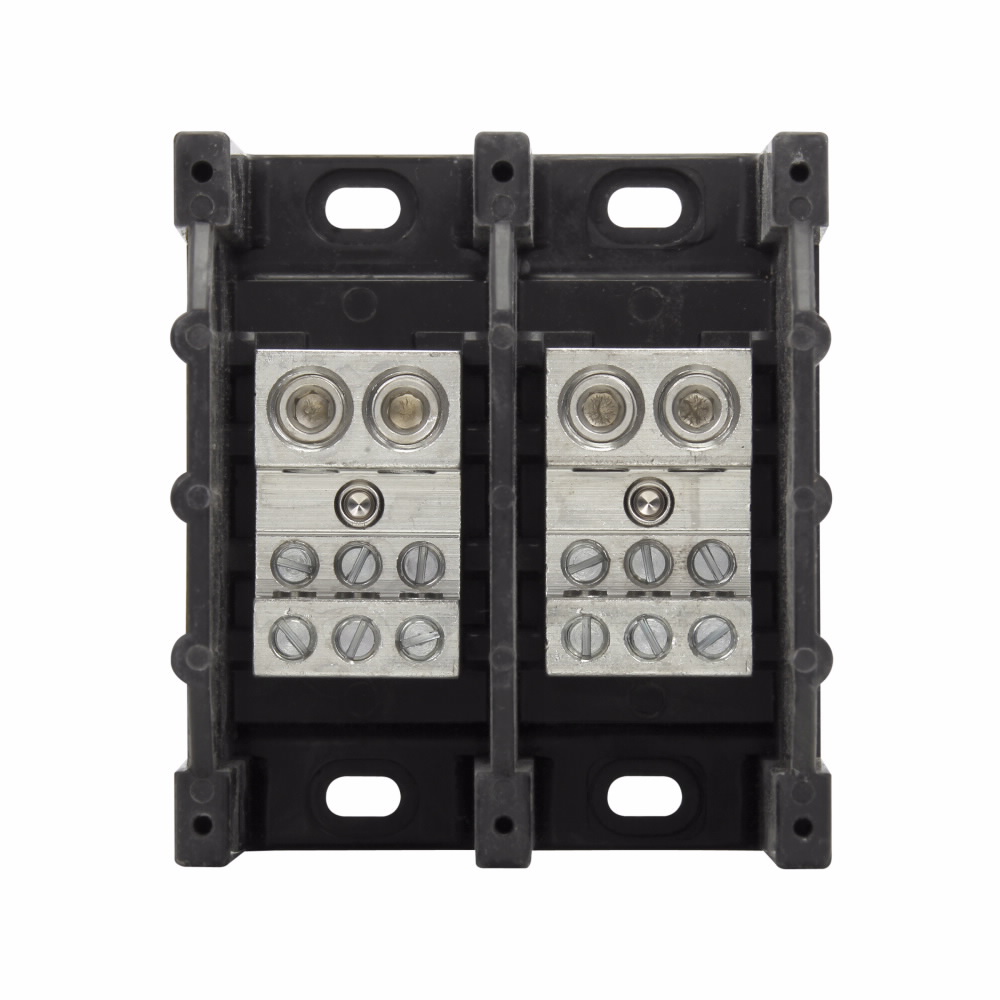 Eaton Bussmann series power distribution block, 600 Vac, 600 Vdc, 350A, Power distribution block, Two-pole, SCCR: 10 kA, Black, Molded Thermoplastic Base, Tin-plated aluminum connector