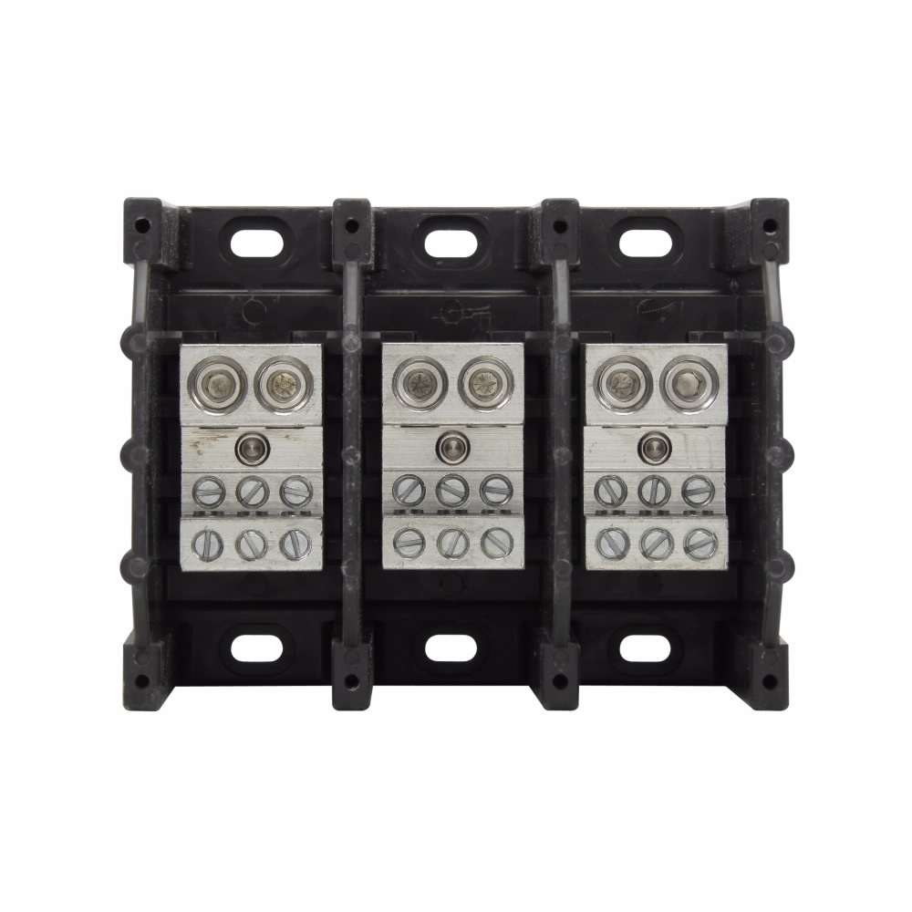 Eaton Bussmann series power distribution block, 600 Vac, 600 Vdc, 350A, Power distribution block, Three-pole, SCCR: 10 kA, Black, Molded Thermoplastic Base, Tin-plated aluminum connector