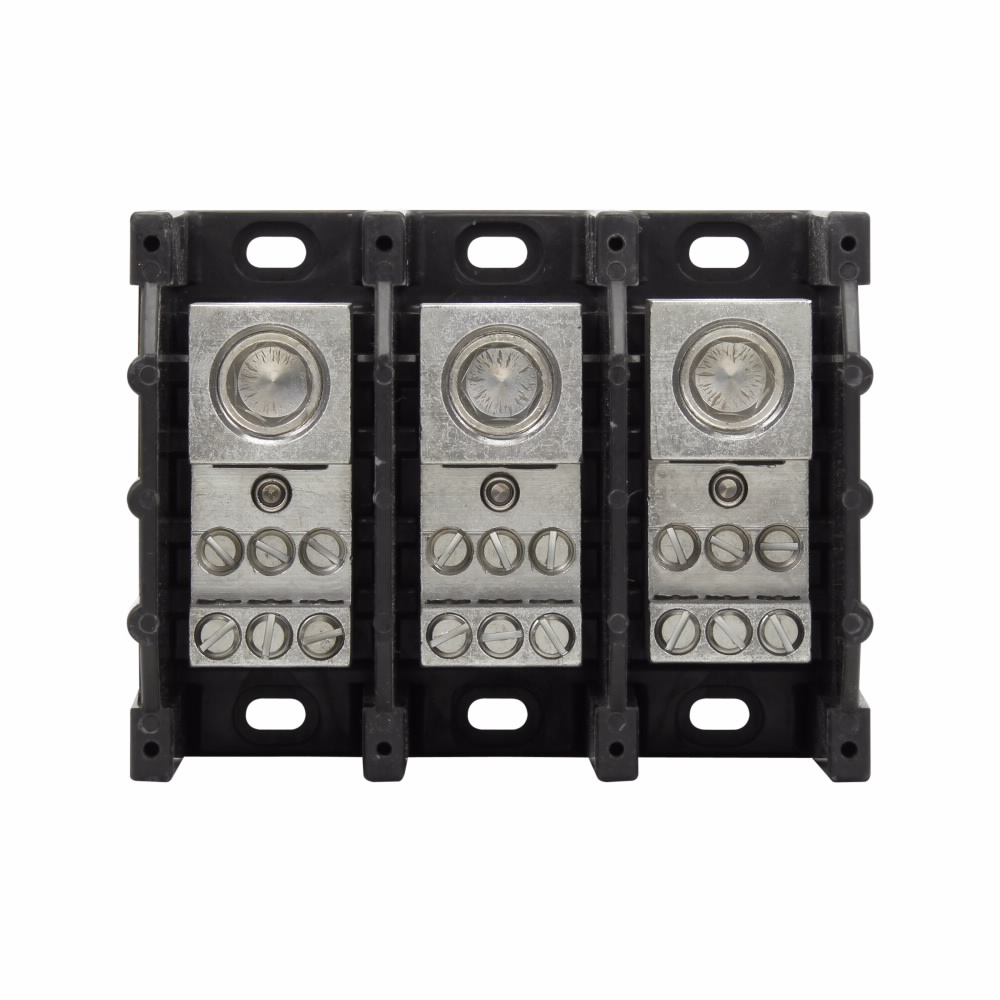 Eaton Bussmann series power distribution block, 600 Vac, 600 Vdc, 380A, Power distribution block, Three-pole, SCCR: 10 kA, Black, Molded Thermoplastic Base, Tin-plated aluminum connector - 16330-3