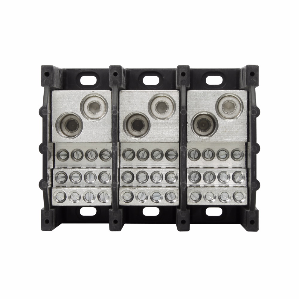 Eaton Bussmann series power distribution block, 600 Vac, 600 Vdc, 570A, Power distribution block, Three-pole, SCCR: 10 kA, Black, Molded Thermoplastic Base, Tin-plated aluminum connector
