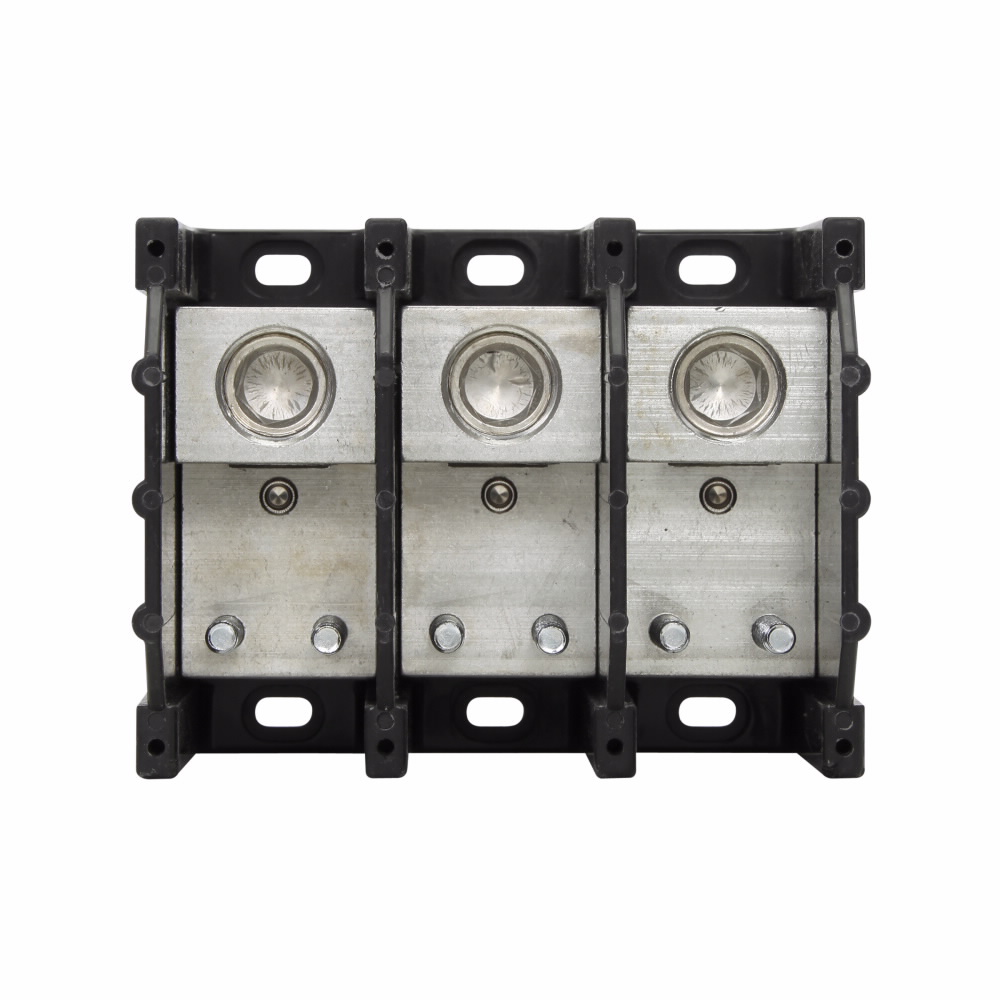 Eaton Bussmann series power terminal block, 600 Vac, 600 Vdc, 380A, Power terminal block, Three-pole, (2) 1/4 In-20 TPI X 1 In Stud (Load), SCCR: 10 kA, Black, Molded Thermoplastic Base, Tin-plated aluminum connector