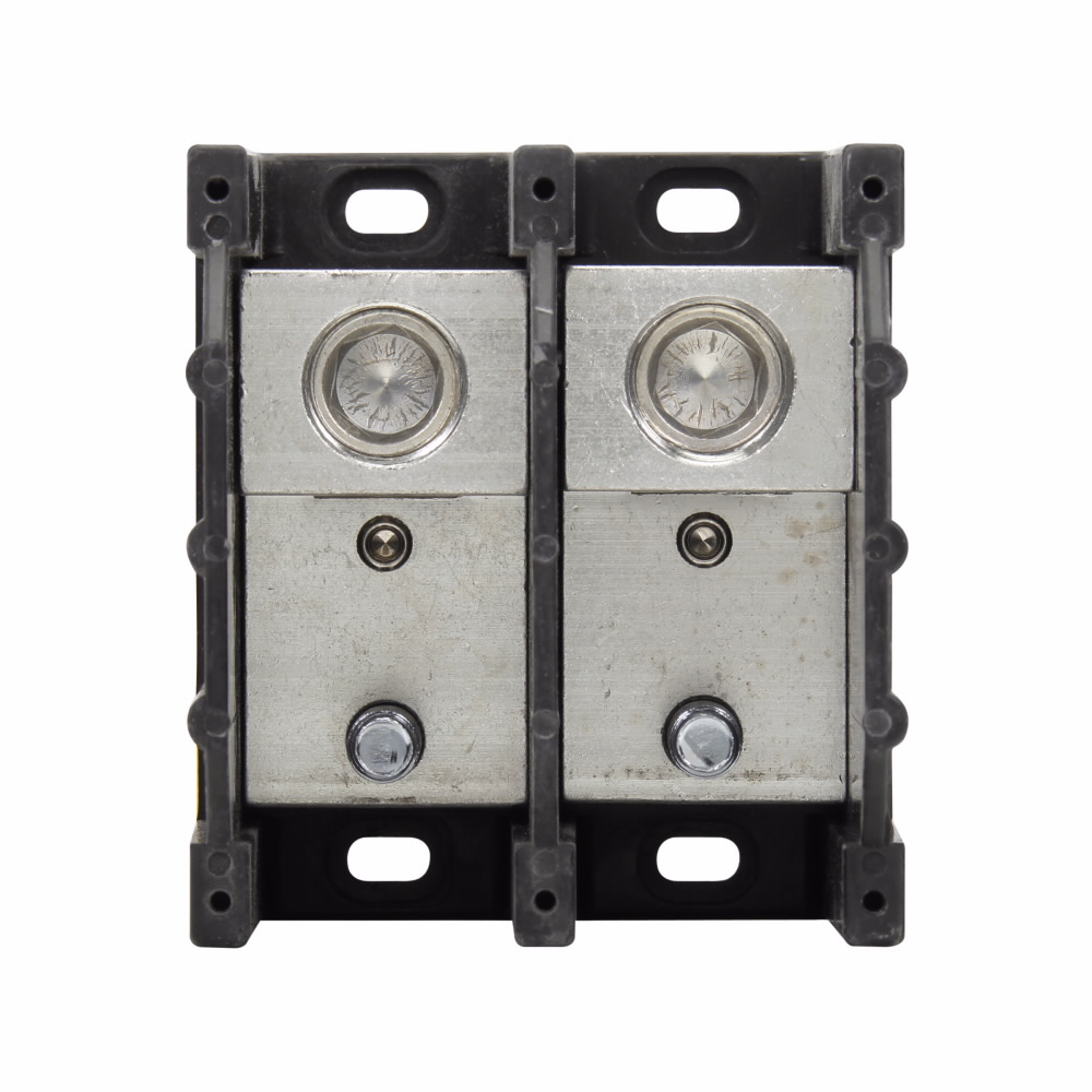 Eaton Bussmann series power terminal block, 600 Vac/dc maximum, 380A, 10 kAIC, Power terminal block, Series 163, Two-pole, Load: (1) 3/8 - 16 x 1 Stud, Black, Thermoplastic base, Tin-plated aluminum connector