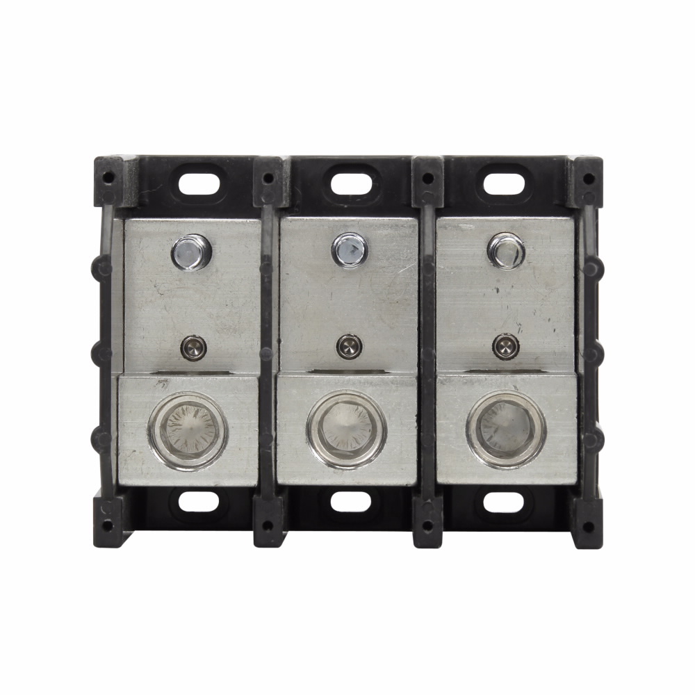 Eaton Bussmann series power terminal block, 600 Vac/dc maximum, 380A, 10 kAIC, Power terminal block, Series 163, Three-pole, Load: (1) 3/8 - 16 x 1 Stud, Black, Thermoplastic base, Tin-plated aluminum connector