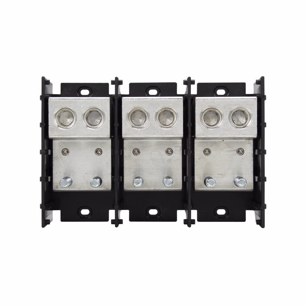 Eaton Bussmann series power terminal block, 600 Vac, 600 Vdc, 760A, Power terminal block, Three-pole, (2) 3/8 In-16 TPI X 1-5/8 In Stud (Load), SCCR: 10 kA, Black, Molded Thermoplastic Base, Tin-plated aluminum connector