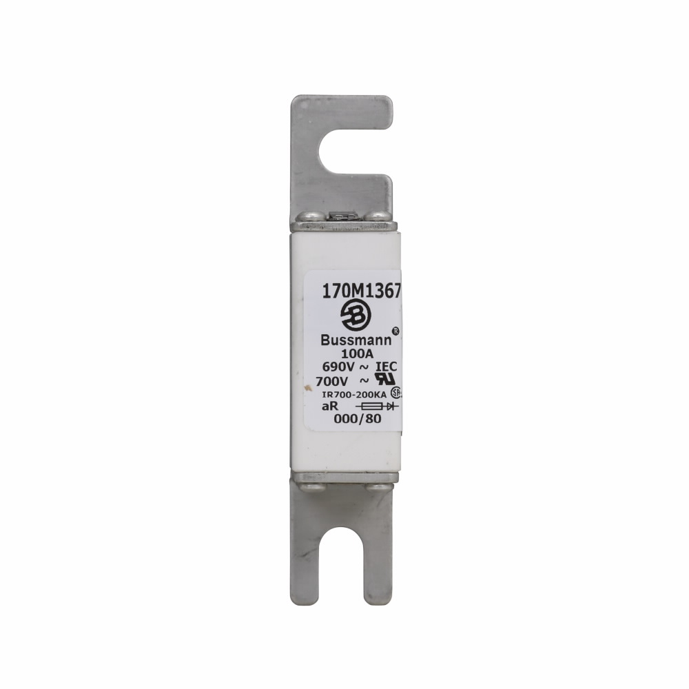 Eaton Bussmann series high speed square body fuse, 700V (UL), 690V (IEC), 100A, 200 kAIC, Top fuse status indicator, Fuse, Blade end X blade end, Class aR, DIN 43 620 - 170M1367