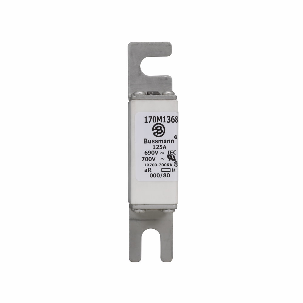 Eaton Bussmann series high speed square body fuse, 700V (UL), 690V (IEC), 125A, 200 kAIC, Top fuse status indicator, Fuse, Blade end X blade end, Class aR, DIN 43 620 - 170M1368
