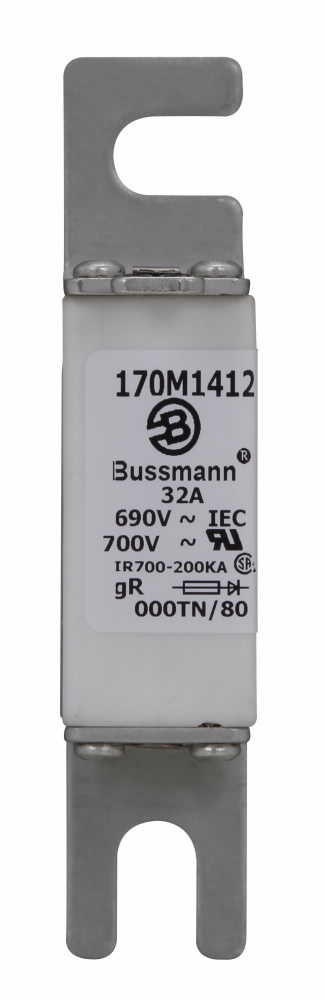 Eaton Bussmann series high speed square body fuse, 700V (UL), 690V (IEC), 32A, 200 kAIC, Other, Fuse, Blade end X blade end, Class gR, DIN 43 620