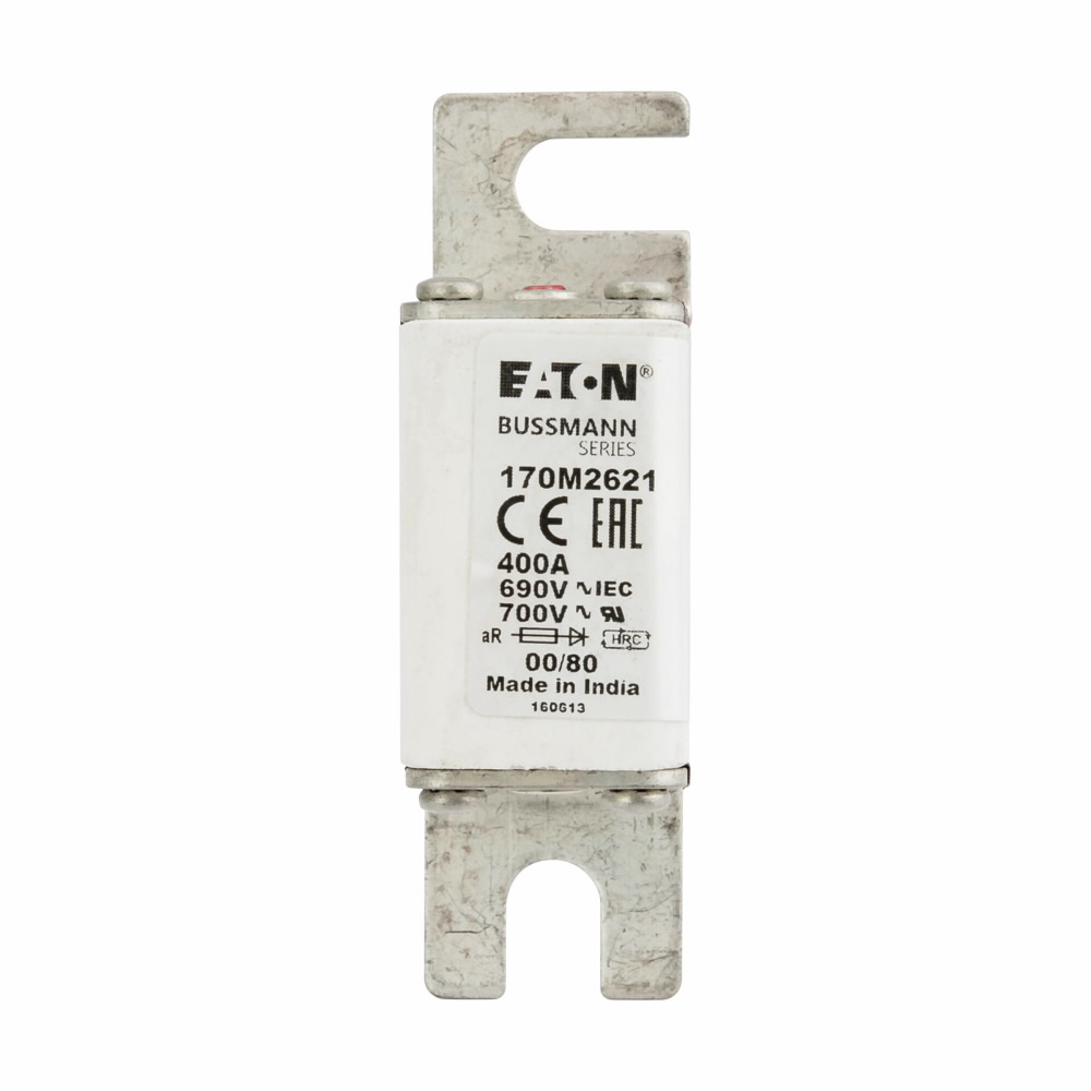 Eaton Bussmann series high speed square body fuse, 700V (UL), 690V (IEC), 400A, 200 kAIC, Top fuse status indicator, Fuse, Blade end X blade end, Class aR, DIN 43 620 - 170M2621