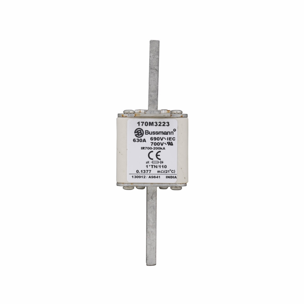 Eaton Bussmann series high speed square body fuse, 700V (UL), 690V (IEC), 630A, 200 kAIC, Top fuse status indicator, Fuse, Blade end X blade end, Class aR, DIN 43 620 - 170M3223