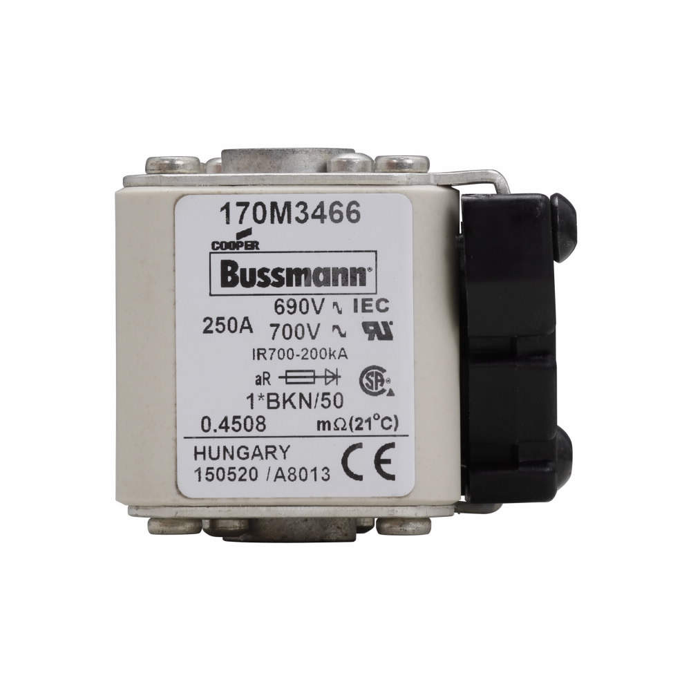 Eaton Bussmann series high speed square body fuse, 700V (UL), 690V (IEC), 250A, 200 kAIC, Other, Fuse, Class aR, Flush - 170M3466