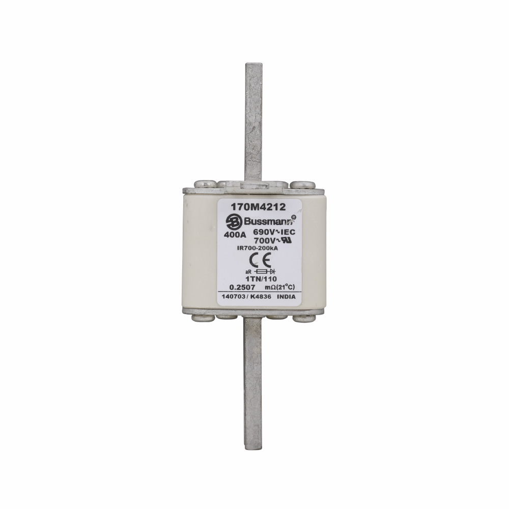 Eaton Bussmann series high speed square body fuse, 700V (UL), 690V (IEC), 400A, 200 kAIC, Top fuse status indicator, Fuse, Blade end X blade end, Class aR, DIN 43 620 - 170M4212