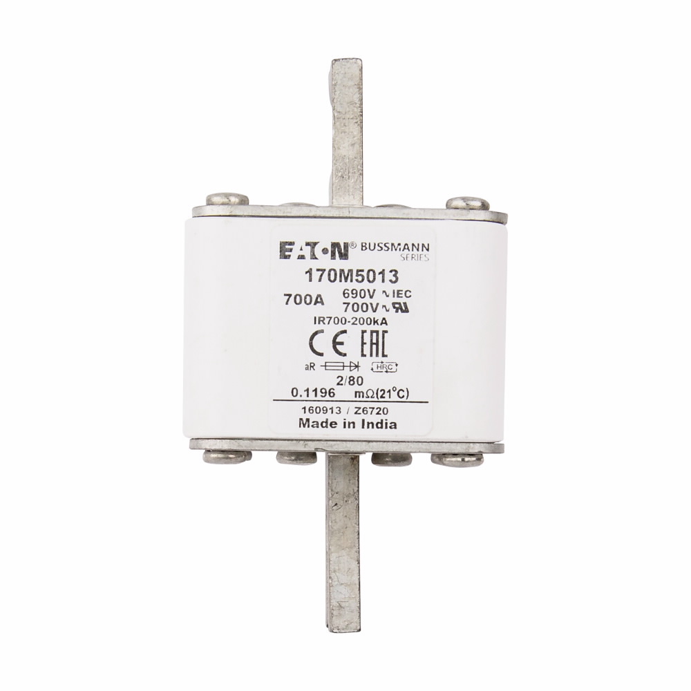 Eaton Bussmann series high speed square body fuse, 1250V (IEC), 1300V (UL), 700A, 200 kAIC, Top fuse status indicator, Fuse, Blade end X blade end, Class aR, DIN 43 620 - 170M5013