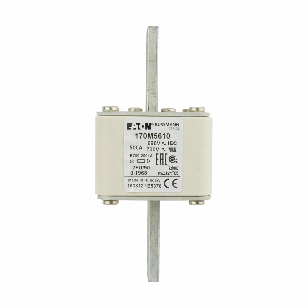 Eaton Bussmann series high speed square body fuse, 700V (UL), 690V (IEC), 500A, 200 kAIC, None, Fuse, Blade end X blade end, Class aR - 170M5610