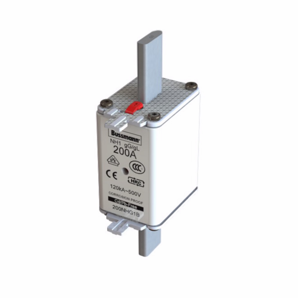 Eaton Bussmann series low voltage NH Fuse, Live gripping lug, 500V, 200A, 120 kAIC, Combination fuse status indicator, fuse, Blade end connection, Class C gL/gG, Square-body with knife blade contact, Ceramic body - 200NHG1B