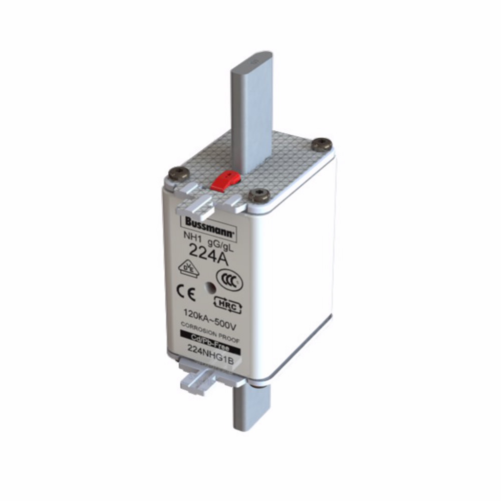 Eaton Bussmann series low voltage NH Fuse, Live gripping lug, 500V, 224A, 120 kAIC, Combination fuse status indicator, fuse, Blade end connection, Class C gL/gG, Square-body with knife blade contact, Ceramic body - 224NHG1B