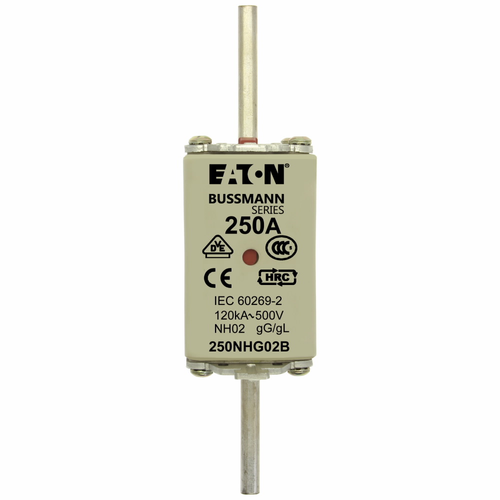 Eaton Bussmann series low voltage NH Fuse, Live gripping lug, 500V, 250A, 120 kAIC, Combination fuse status indicator, Blade end connection, Class C gL/gG, Square-body with knife blade contact, Metal plated copper contact plate